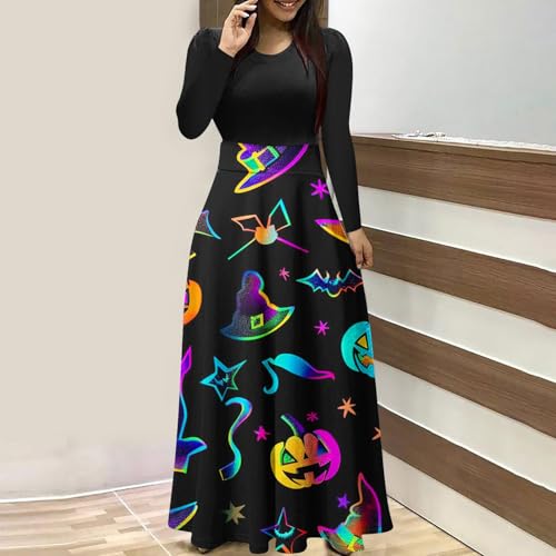 Vestidos femininos de manga comprida para o Dia das Bruxas, gola redonda, maxi longo, slim, túnica d
