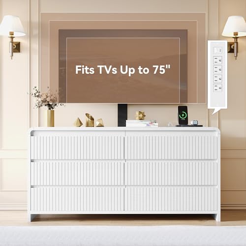 Homiflex 6 Drawers TV Stand with Mount for 26-75 TVs 53 Inch Entertainment Center w/Power Outlet Curved Profile Design Height Adjustable Media Console with Large Drawers for Living Room White
