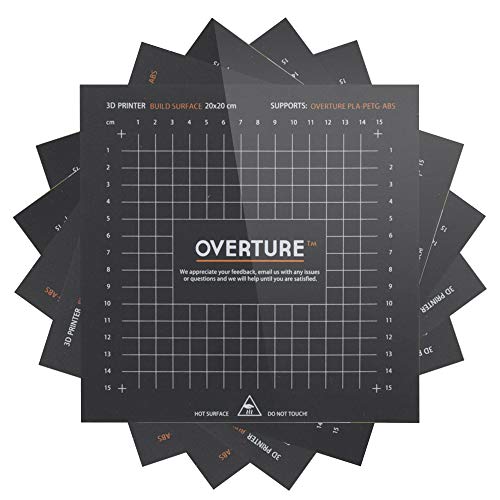 Overture 3D Build Surface 200Mm X 200Mm (7.88’’ X 7.88’’) Upgraded 3D Printer Build Plate Sheet Heat Bed Platform Sticker With Laminated Transfer Adhesive, 10Mm Grid, Black (5-Pack) #TOP30
