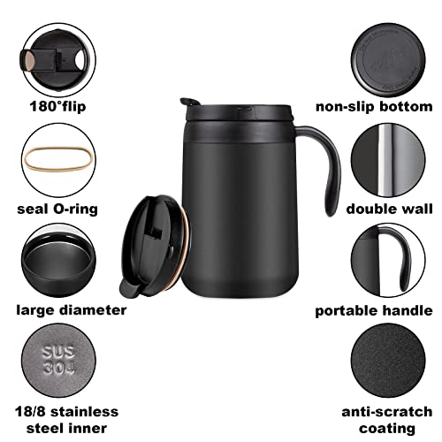 Hg Hgrope Black Coffee Mug, Insulated Coffee Mug With Handle, Stainless Steel Coffee Mug With Lip, Reusable Insulated Mug, Coffee Tumbler Thermos, Tea Cups, 16.9Oz #TOP5