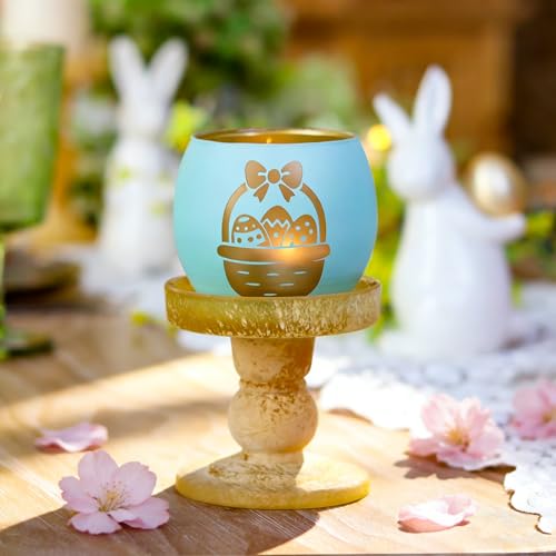Oster Deko Teelichthalter 4er Set, Matte Teelichtgläser in Pastell-Farben mit Goldenen Osterhasen & Küken Motiven, Kerzengläser für Osterfrühstück Tischdeko, Kerzenhalter Glas Frühlingsdeko & Geschenk