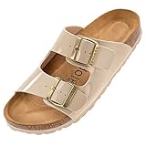  Palado Damen Pantoletten Korfu - Modische Sandalen mit 2 verstellbaren Riemen - Herren Hausschuhe mit Sohle aus feinstem Veloursleder und Natur Kork-Fussbett Lack Creme Beige 40 EU