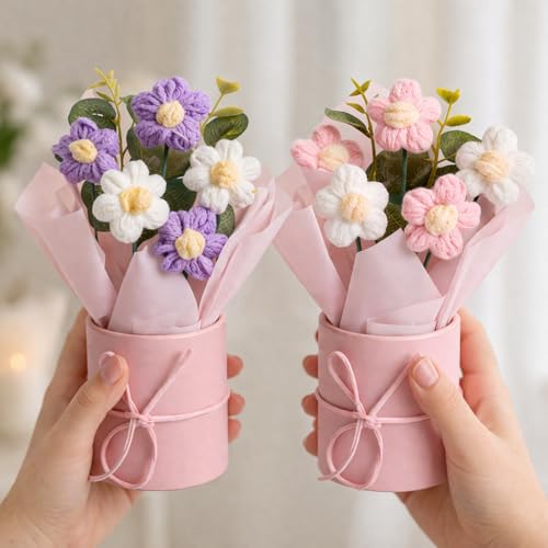 Image of Set of 2 Pink & Purple Crochet Flower Bouquet - Handmade Mini Knitted Daisy Flowers| Flowers for Home Decor, Desk Decor, Birthday