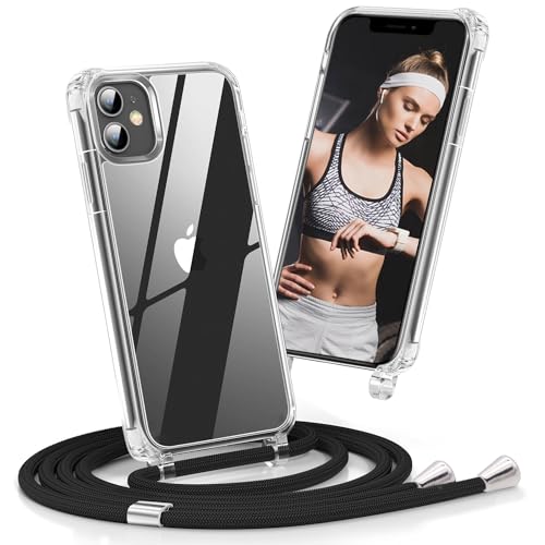 Coque iPhone 11 avec cordon noir réglable pour garder les mains libres en voyage