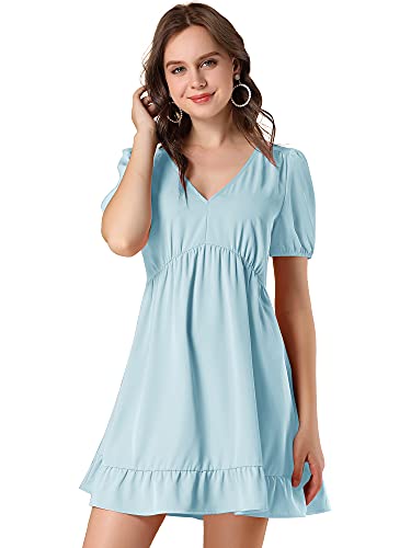 Allegra K Women s V Neck Short Sleeve Ruffle Hem Babydoll Dress Large Light Blue