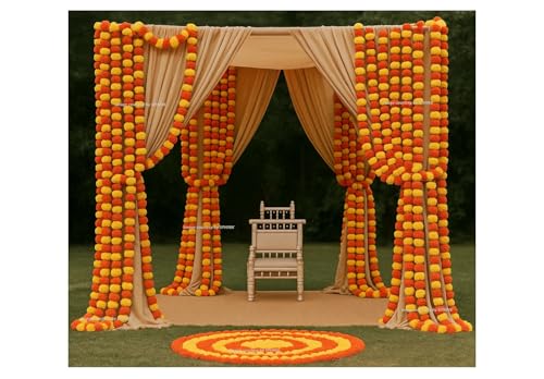 Image of SPHINX Artificial Marigold Fluffy Flowers Garlands for Decoration - Pack of 5 (Yellow and Dark Orange.)