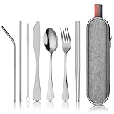 【Couverts de voyage 】（couverts） notre set de couverts de voyage comprend un couteau à steak, une fourchette, une cuillère, des baguettes, une paille droite, une paille courbée, une brosse de nettoyage et une pochette à couverts. C'est l'accessoire idéal pour votre cuisine de camping