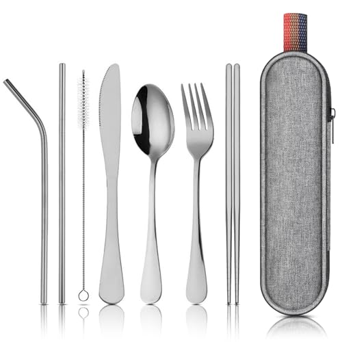 Cubertería de viaje para camping, 8 piezas, de acero inoxidable, con funda para cubiertos, cubiertos de viaje con estuche, cubertería portátil de camping para viajes, para trabajo, escuela, camping y