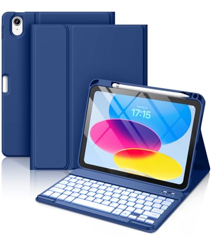 Hamile for iPad 11th 10th Generation Case with Keyboard - 7 Colors Backlit Wireless Detachable Folio Keyboard Cover with Pencil Holder for iPad A16 11-inch 2025 10th Gen 10.9 Inch 2022 (Navy Blue)