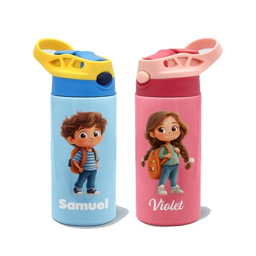 Image of callie Personalized Insulated Kids Water Bottle with Cartoon Character, Custom 12 oz Leak Proof Lid Stainless Steel Cups with Straw, Gifts for Boys Girls