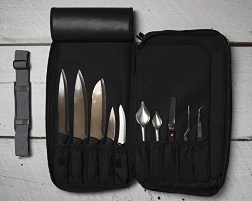 Asaya Chef Knife Bag - 28 Pockets For Knives And Kitchen Utensils - Durable Ballistic Nylon, Black Stainless Steel Hardware, Card Holder And Adjustable Shoulder Strap - Knifes Not Included #TOP5