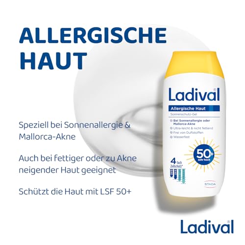 Ladival Sonnenschutz Gel LSF 50+ für allergische Haut - Sonnencreme bei Sonnenallergie und Mallorca-Akne, wasserfest, fettfrei, 4-fach Zellschutz, korallenfreundlich, leichte Gel-Formel, 200ml