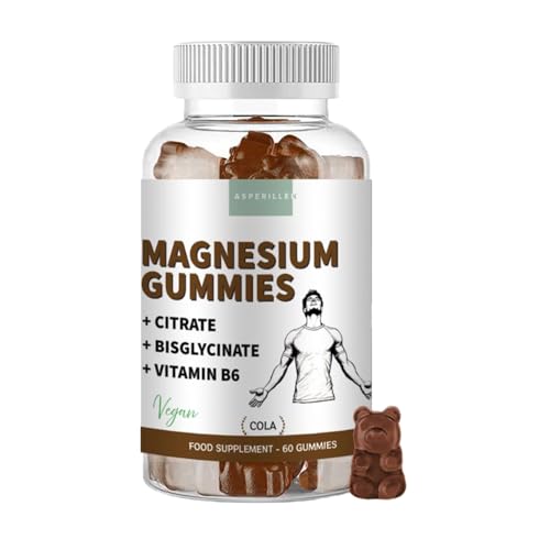 Magnesium Komplex Gummibärchen - Magnesiumcitrat 1560mg + Magnesiumbisglycinat 600mg (davon 250mg elementares Magnesium) - Hohe Bioverfügbarkeit mit Vitamin B6 - Vegan 60 Gummies Colageschmack