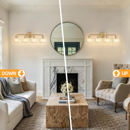 Image of Bathroom Light Fixtures Gold Vanity Light 4 Light Brushed Brass | Wall Sconces Lighting with Clear Globe Glass Shades Bath Wall Lamp for Mirror Kitchen Living Room Bedroom Hallway 27 Inch