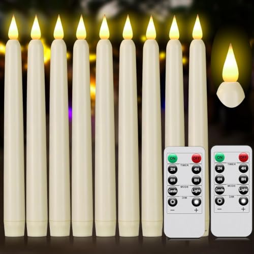 Image of flameless Ivory Taper Candles with Remote Control Timer, 9Pack 9.6x0.8inch
