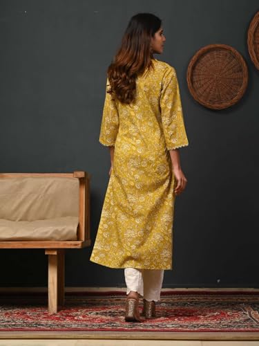 Image of Rimeline Women's Cotton Printed Kurta with Lace Trim Neckline | Straight Fit Ethnic Wear for Office, Casual & Daily Use