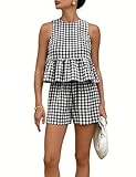 QIBABU Womens 2 Piece Outfits Summer Gingham Plaid Peplum Tank Tops High Waist Shorts Casual Cotton Lounge Sets(2266-Black-L-QB)