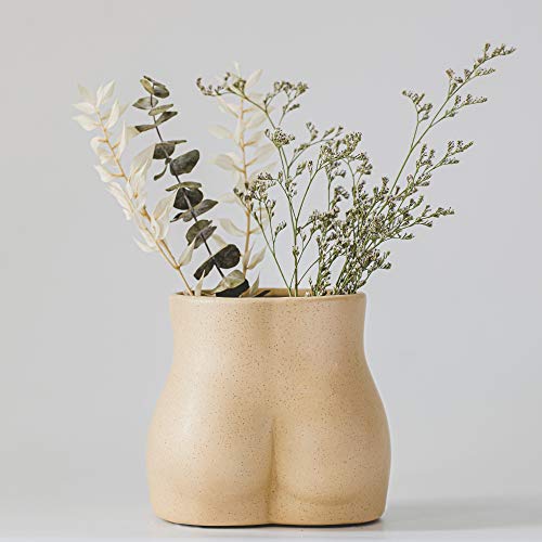 Butt Vase, Female Form Body Planter, Booty Flower Vases w/ Drainage Plug [Speckled Sandy Matte Ceramic] Cheeky Sculpture Unique Modern Boho Home Decor Plant Pot, Feminist Cute Room Desk Small Accent