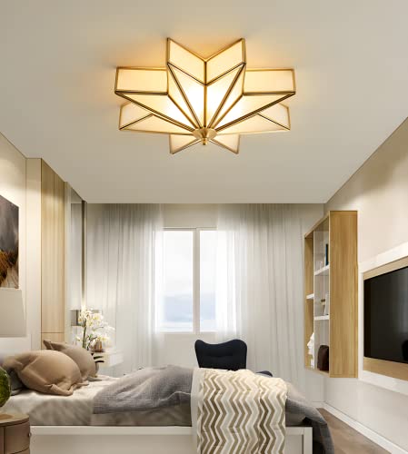 Frosted Glass Ceiling Light Bigmaii Modern Art Deco Ceiling Led Lights 3 Color Temperature Traditional Star Shape Brass Flush Mount Close To Ceiling Light Fixtures For Living Room, 19.5" #TOP3