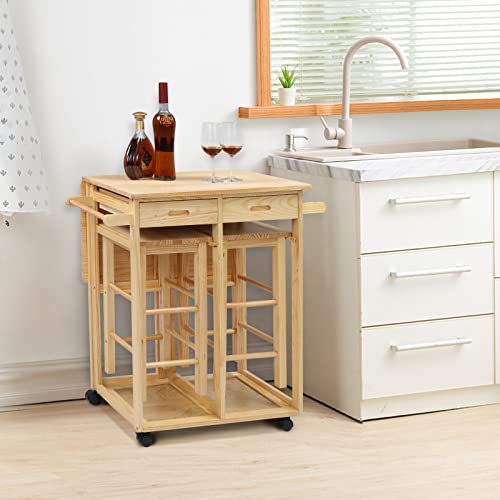 Fch Drop Leaf Table With 2 Square Stools And 2 Drawers Solid Wood Kitchen Table And Chair Set Island Cart Trolly Breakfast Bar #TOP7