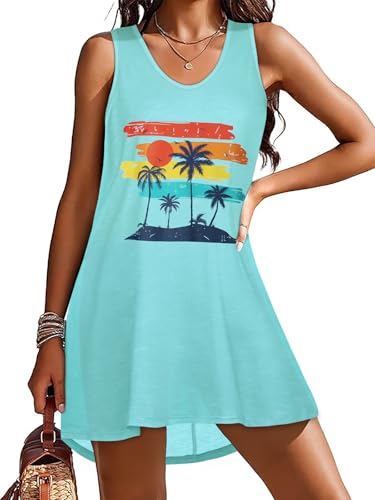 CHICGAL Womens Swimsuit Coverup Summer Beach Sleeveless T Shirt Bikini Tank Dress Loose Bathing Suit Cover Up(Turquoise Beach, M)