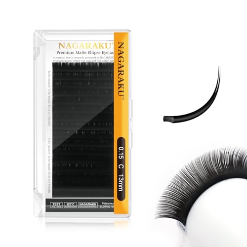NAGARAKU Double Tips Ellipse Eyelash Extensions Lighter Thinner Flat Split Tips Individual Lash 0.15mm C curl 13mm Matte Black Faux Mink Classic False Lash Supplies 16 Rows