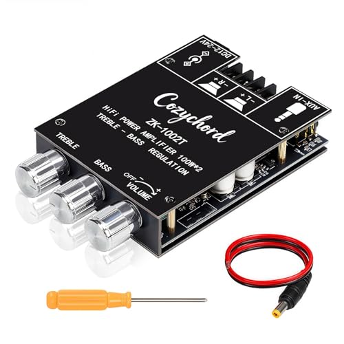 Cozychord ZK-1002T Bluetooth 5.0 Stereo Amplifier Board, 200W HiFi 2.0 Channel Mini Audio Amp Module with Treble & Bass Control, AUX Input, DC 12V-24V for DIY Speakers,Home Audio