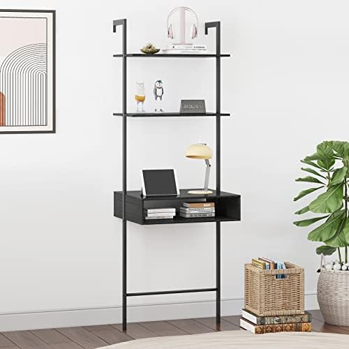 Horgaeo Wall Desk, 2-Shelf Wall Mounted Ladder Shelf Table, Small Computer or Writing Desk with Storage Drawer, Industrial Bookcase Easy to Assemble, Space Saver, Black