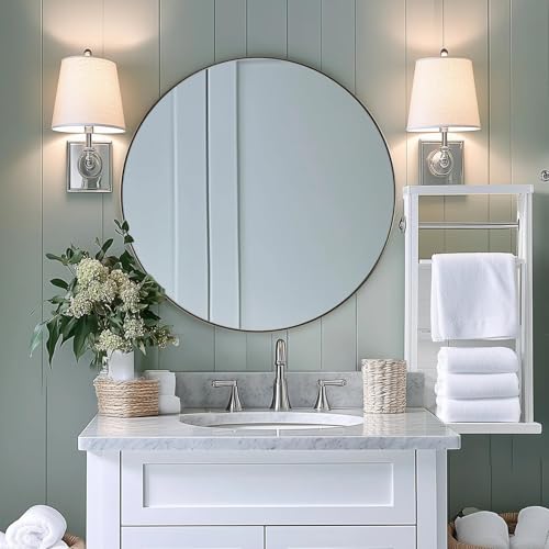 Image of ANDY STAR Silver Round Mirror, 32 inch Brushed Nickel Bathroom Mirror, Stainless Steel Metal Framed Circle Wall Mirrors, Large Modern Vanity Mirror for Entryway, Living Room