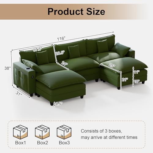 Image of KCGKCG 116 inch Modular Sectional Sofa, U Shaped Cloud Couch with Movable Ottoman, Chenille Deep Seat Cloud Sofa with Charging Station, Cup Holder, Side Pocket, Sectional Couches for Living Room, Green