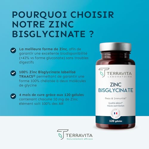 ZINC Bisglycinate PUR | Complément Alimentaire Premium ALBION® | 120 Gélules de 10 mg soit 100% des AR | Biodisponibilité Optimale | Peau Nette (Acnée) et Immunité | Made in France | Terravita – vue 4