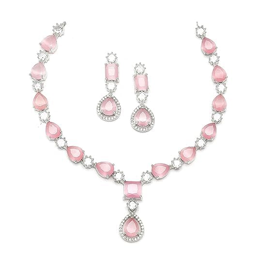 Plated American Diamond Studded Fashionable Necklace With Earrings Jewellery Set For Girls and Women (Pink) (B0DFTPW7WY) Amazon Price History, Amazon Price Tracker