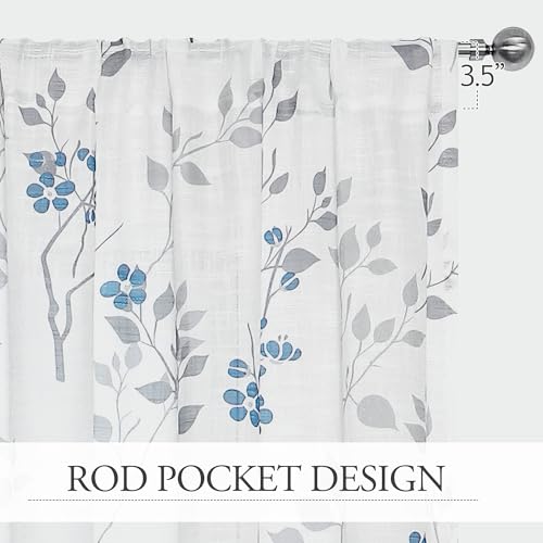Image of Beauoop Floral Linen Semi Sheer Curtains Living Room Blue Grey 50x54 2 Set