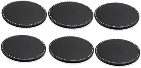Set of 6 Leather Coasters with Stand - Black, Round, 10 cm