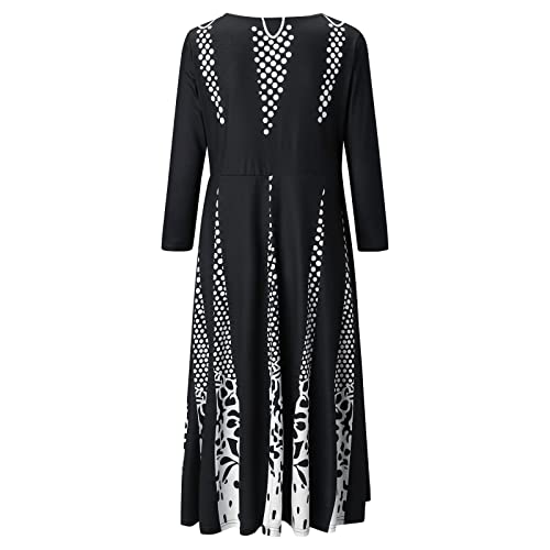 Ewrt Women's Fashion Elegant Leisure Prints Round Neck Long Sleeve Swing Dress High Waist Cocktail Party Dresses (Black, S) #TOP4