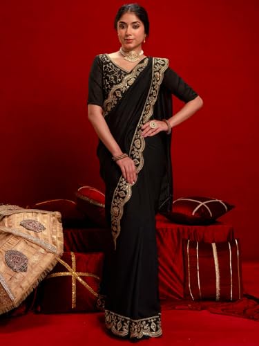 Image of Satrani Women's Vichitra Silk Sequins Embroidery Lace Work Saree with Unstitched Blouse Piece