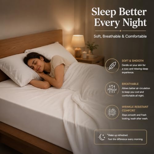 Image of Blue Strip Fitted Bedsheet Set with 2 Pillow Covers, White, 182 x 198 cm, 20 cm Deep, Elastic All Around, Double /Queen Bed /King Bed