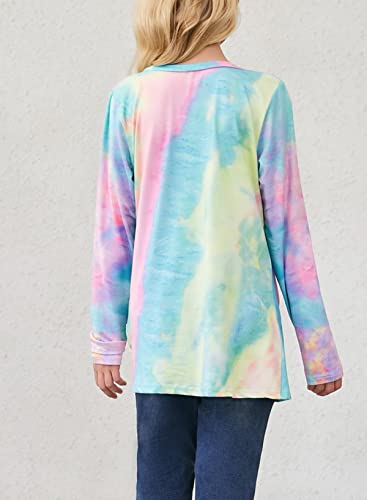Dokotoo Tie Dye Sweatshirts For Girls Cute Neon Fall Long Sleeve Knot Front T Shirts For Teen Girls Casual Loose Crewneck Pullover Tops Blouses For Kids Birthday Light Blue Size 10-11 #TOP3