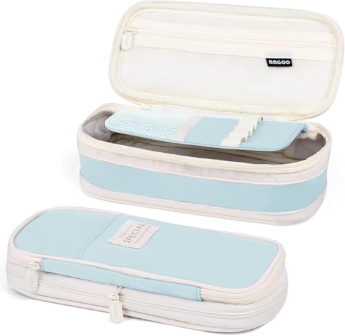 Image of Large Capacity Pen Pencil Case Pouch Office College School Pencil Cases Pen Pencil Stationery Pouch for Big Capacity Case Multiple Compartment Pencil Box Pencil Pouch (Light Blue)