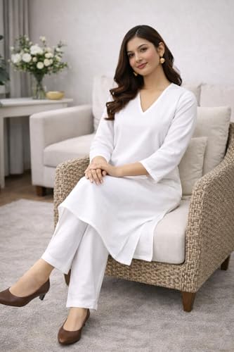 Image of JAIPUR HAND BLOCK Women's Cotton plain Straight Salwar Suit | V-Neck | 3 /4th Sleeve | Regular Fit | Daily, Office & Ethnic Wear(ST00125-V-NEW)