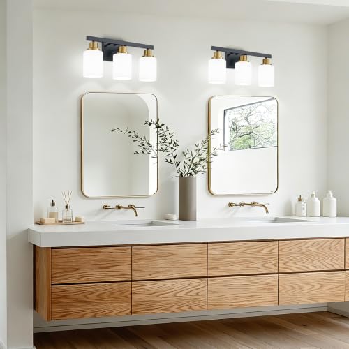 Image of 3-Light Vanity Lights Black and Gold Bathroom Light Fixtures 17in | White Frosted Ribbed Glass Shade Modern Black Vanity Lights Bathroom Lighting Fixtures over Mirror Wall Sconces E26 Base
