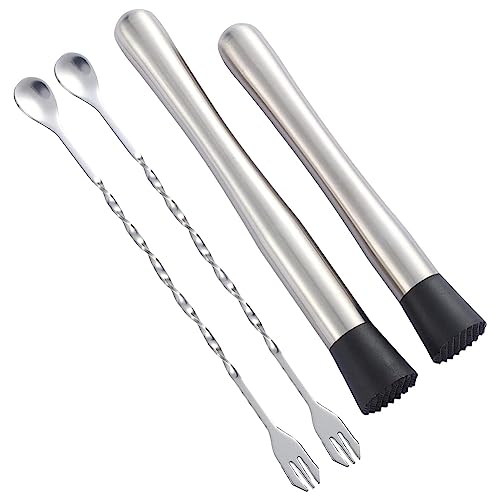 Nettoppo Muddler de CóCtel de Acero Inoxidable 304 de 10 y 8 Pulgadas con 2 Cucharas Mezcladoras, para Preparar Deliciosos Mojitos y Otras Bebidas de Frutas