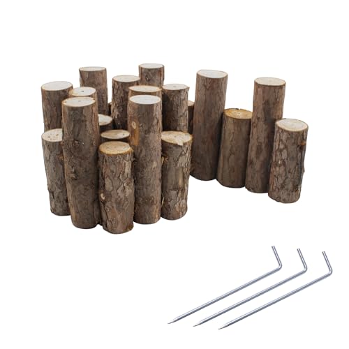 Wooden Short Fence with Ground Spikes, Garden Log Rolls Edging, Landscaping Edging Low Fence for Decorative Garden, Patio Flower Garden Bed, Lawn, Yard, 35.4'' L x 3.94''/5.9'' H