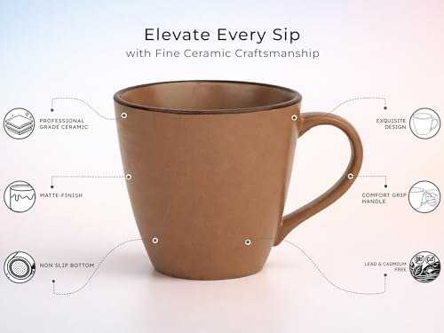 Image of Bodhi House Handcrafted Ceramic Coffee Mug Set of 6 Pieces (350 Ml), Stoneware Tea Cup Microwave Safe Large Milk Mug, Glossy Finish Ideal for Daily use, Casual Gatherings and Gifting, Terracotta Brown