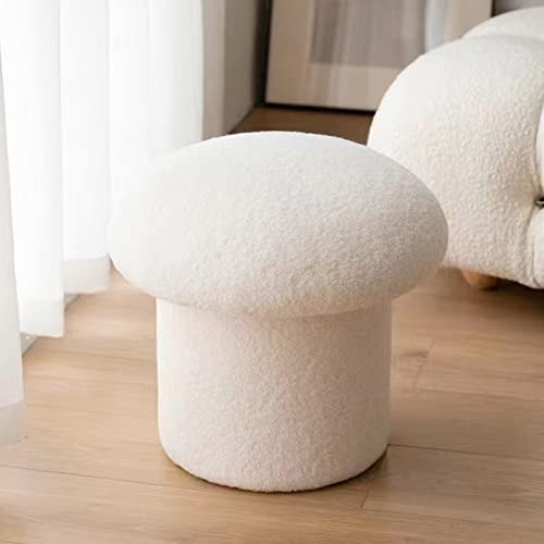Taburete redondo tapizado con tela de lana de cordero, taburete de madera maciza de hongos para sala de estar, dormitorio, estudio, balcón, taburete suave reposapiés