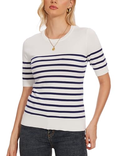 Image of Spicy Sandia Women's Short Sleeve Sweater Casual Knit Pullover Top for Summer Lightweight White and Navy Striped M