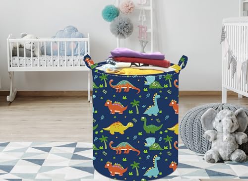 ACMUUNI 19.7 Inch Round Dinosaur Laundry Clothes Hamper Laundry Basket with Handles,Storage Organizer Bins Laundry Gift Basket for Room, Bedroom Decor