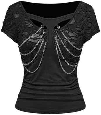SHENHE Women's Y2k Gothic Punk Ripped T Shirt Short Sleeve Slim Fitted Fairy Grunge Chain Top, Black, Medium