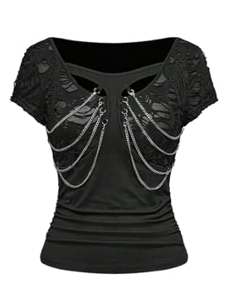 SHENHE Women's Y2k Gothic Punk Ripped T Shirt Short Sleeve Slim Fitted Fairy Grunge Chain Top