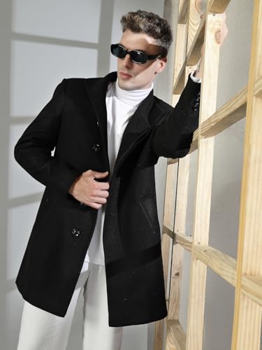 Image of CHKOKKO Men Stylish Long Winter Coat Single Breasted Thigh Length Overcoat with Elegant Spread Collar & Practical Front Side Pockets for Formal or Semi-Formal Occasions